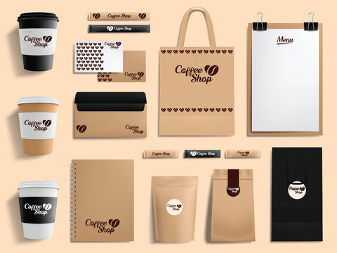 Mockup with coffee shop branded items cups bags stationery and menu Logo with coffee bean is present in brown and white - Powered by Adobe