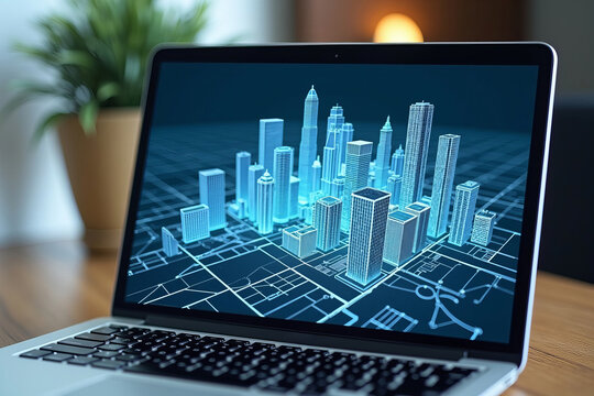 Blending Physical and Digital Realms: Laptop Screen Shows City Buildings Overlaid on Digital Cadastre Map