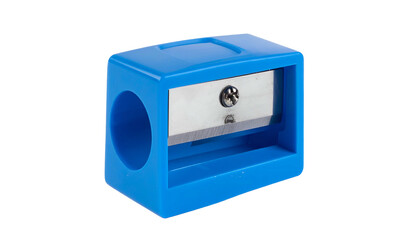 Close-up of a bright blue plastic pencil sharpener isolated on a black background