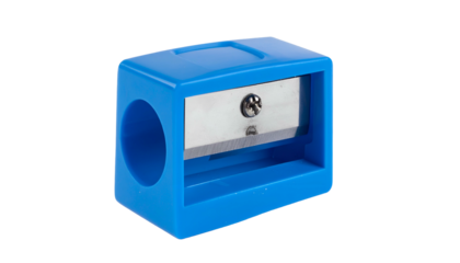 Close-up of a bright blue plastic pencil sharpener isolated on a black background