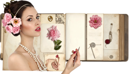 Woman with floral hair, pearl necklace, and album with vintage floral displays
