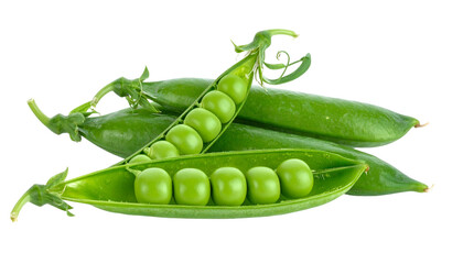 Close-up studio shot of several vibrant green pea pods, some open to reveal peas