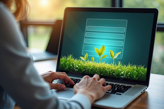 Businesswoman filling out an online registration form on laptop with digital garden growing with each entry. - Powered by Adobe