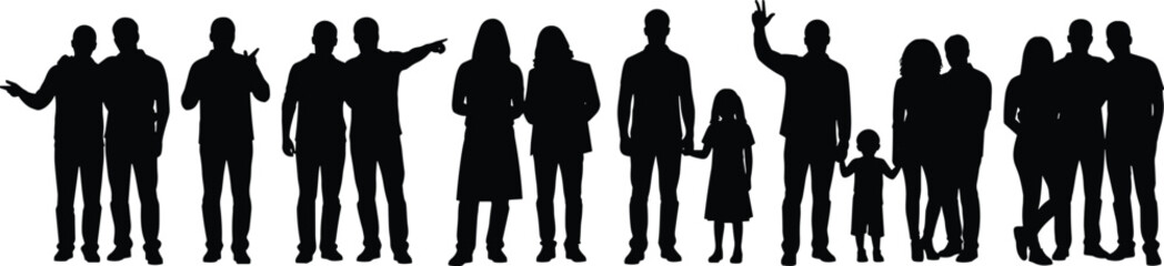 Silhouette illustration of diverse people standing in groups and families, human crowd poses, community gathering concept for lifestyle and social design