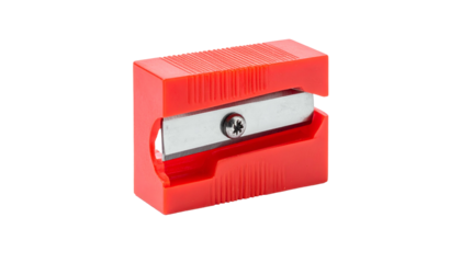 Close-up of a small, bright red, rectangular device with a silver blade
