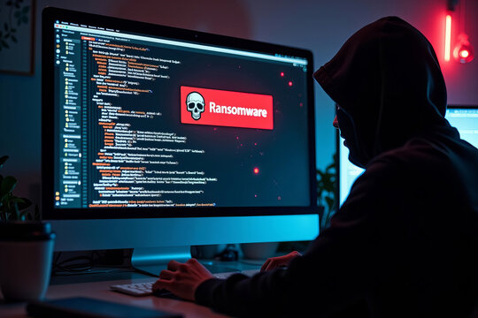 Hacker's Ransomware Message: Skull Icon on Computer Screen With Code Scrolling Rapidly - Powered by Adobe