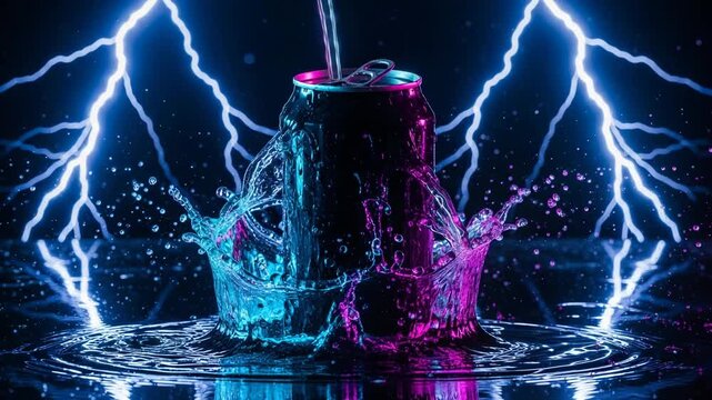 Dynamic energy drink can splashing with vibrant blue and pink liquid under dramatic neon lightning strikes in a dark setting
