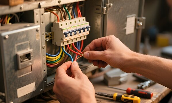 Realistic close-up of hands connecting colored wires inside an electrical panel, tools scattered nearby, soft workshop lighting.