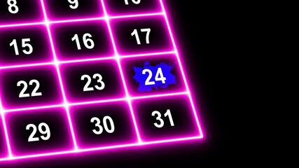 Neon Line Day 24th reminder on calendar with red circle mark or paint stain/ Ink bloom on date in work planning. Highlighting date Very important date on the calendar. Signing a day on a calendar.