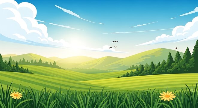 Vibrant green rolling hills bathed in golden sunlight under a bright blue sky with fluffy white clouds - Powered by Adobe