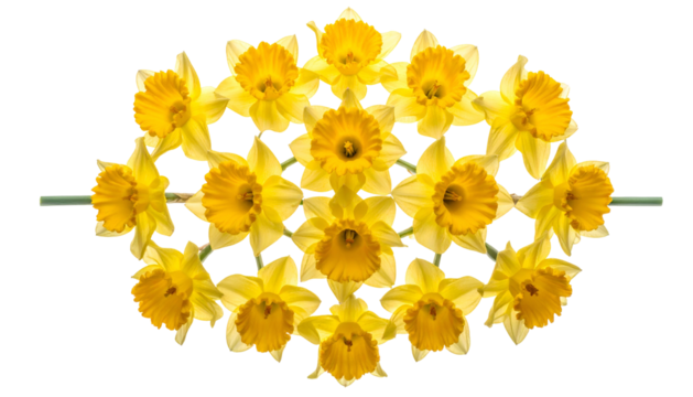 Close-up of yellow daffodils arranged in a floral formation, with green stems, against black
