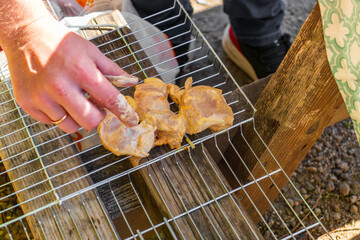 A person prepares marinated chicken on a grill rack during an outdoor camping and hiking trip.