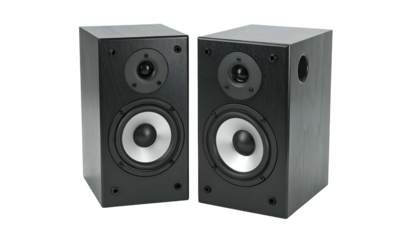 Pair of black wooden loudspeakers facing forward, showing drivers and rounded edges, on black