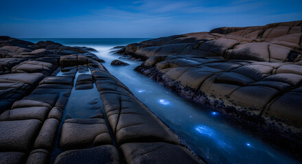 Night scene of rocky coastline with bioluminescent water flowing between the rocks and ocean view