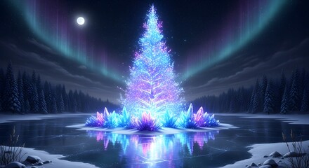 Magical Crystal Christmas Tree Amidst Northern Lights and Icy Waters