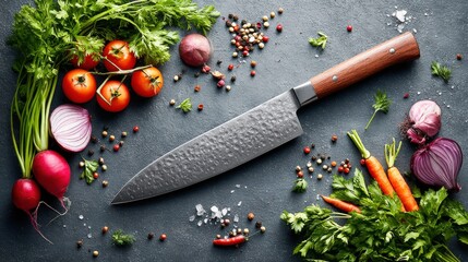 Chef's knife with fresh vegetables on a dark surface