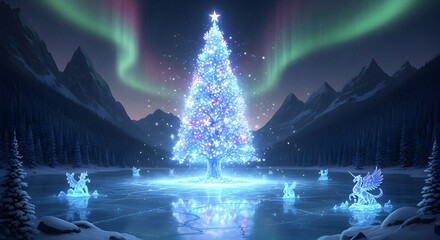 Magical Christmas Tree Illuminated by Northern Lights in a Frozen Wonderland Scene