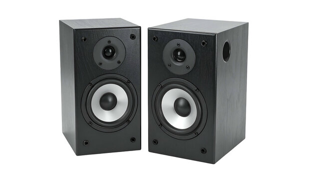 Pair of black wooden loudspeakers facing forward, showing drivers and rounded edges, on black
