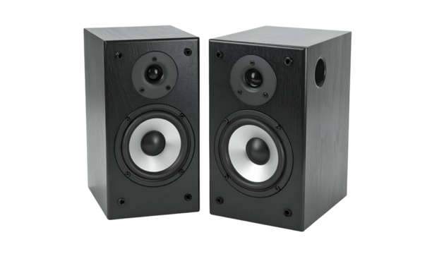 Pair of black wooden loudspeakers facing forward, showing drivers and rounded edges, on black
