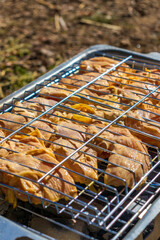 Chicken cooks on a portable grill by a lake during a hiking and outdoor travel stop. 