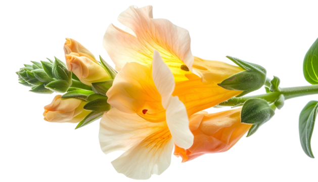 Close-up of delicate orange and yellow blossoms on a stem with leaves, against black backdrop - Powered by Adobe