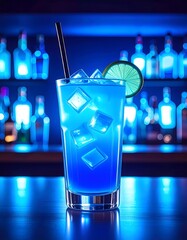 Vibrant Blue Cocktail with Ice Cubes and Lime Slice on a Bar Counter