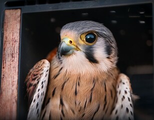 Close-up of a Captive American Kestrel with Striking Plumage and Intense Gaze, Peering out from Inside a Carrier