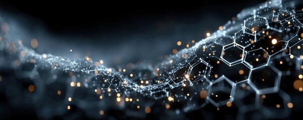 Abstract futuristic background with blue glowing network, hexagon mesh and spark-like light particles