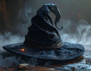 Dark, textured witch hat sits on a wooden surface, with wispy smoke
