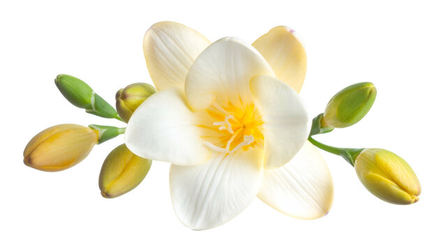 Close-up of ivory-colored freesia bloom with buds arranged on a contrasting black background