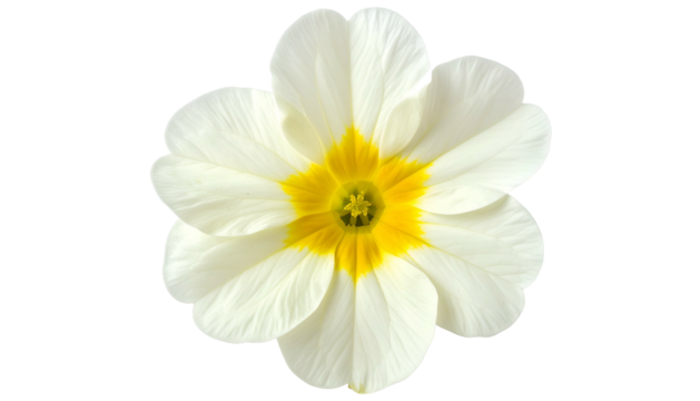Close-up of a single white primrose bloom with a vibrant yellow center, isolated