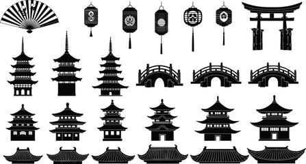 Traditional Japanese architecture silhouettes with pagodas torii gates bridges lanterns fans temples rooftops cultural heritage icons illustration collection