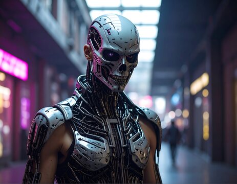 Cyborg with skull-like face standing in a cyberpunk corridor - Powered by Adobe