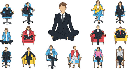 Business people sitting in chairs in multiple poses, office workers meditating, relaxing, and working in different seated positions illustration