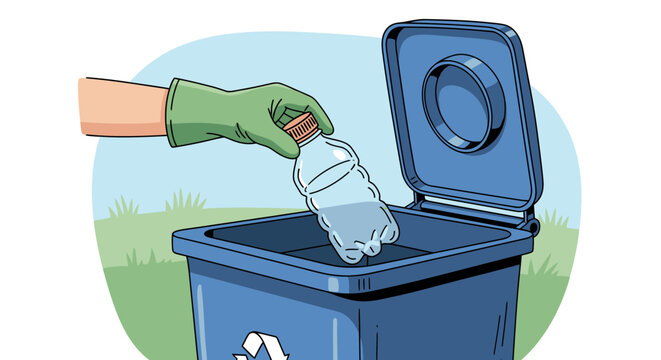 A gloved hand responsibly places a clear plastic bottle into a blue recycling bin, emphasizing environmental conservation and responsible waste management.