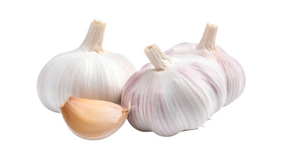 Three whole garlic bulbs, plus a single clove, isolated against a black background