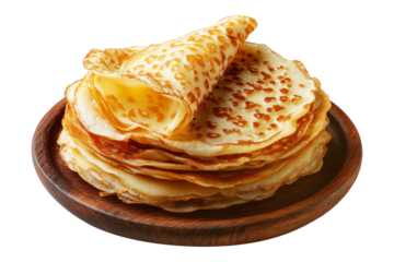 Sago Pancakes thin crepes or stack of pancakes topped with powdered sugar on wooden plate, isolated on white transparent background, Papua New Guinea breakfast