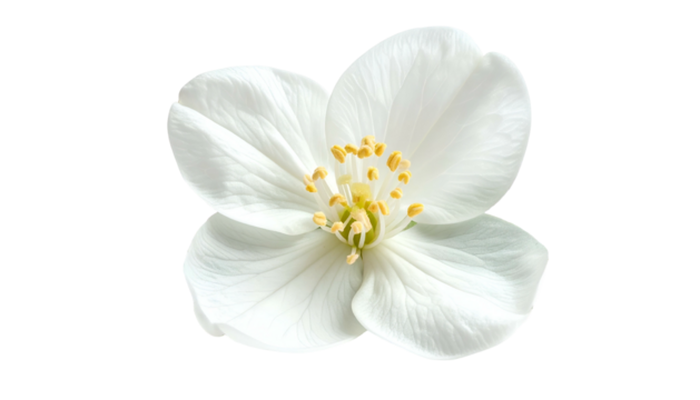 Close-up of a perfectly formed, pristine white flower, isolated on a black background