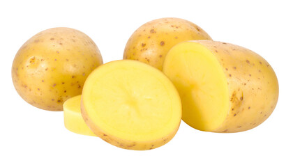 Close-up of several peeled potatoes, one cut open to show the inside, isolated on black