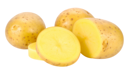Close-up of several peeled potatoes, one cut open to show the inside, isolated on black