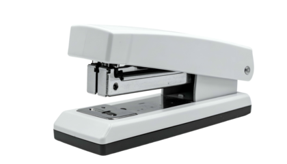 A white and gray stapler is shown on a slight angle, with metal stapling mechanism visible