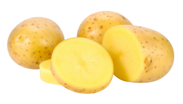 Close-up of several peeled potatoes, one cut open to show the inside, isolated on black