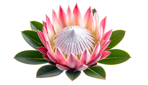 Close-up of a vibrant, exotic pink and white flower with lush green leaves - Powered by Adobe
