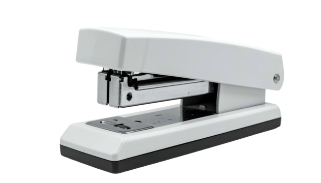 A white and gray stapler is shown on a slight angle, with metal stapling mechanism visible