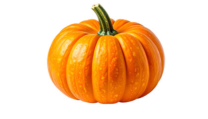 Obraz premium Close-up of a plump, round orange fruit with a green stem, isolated on black