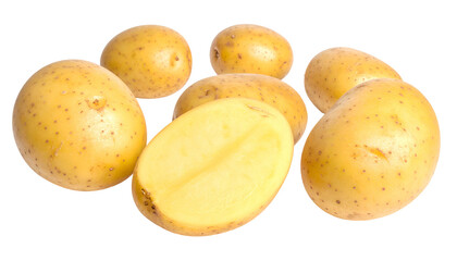 Close-up of fresh, raw, golden potatoes; one halved, arranged on a dark backdrop