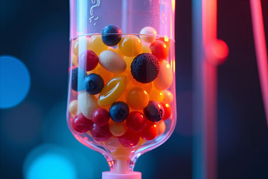 Close-up of Colorful Vitamins and Nutrients Swirling in IV Drip Bag with Mesmerizing Light Effect - Powered by Adobe