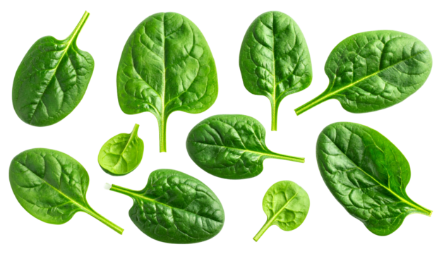 Close-up of several green, vibrant spinach leaves, isolated against a black background