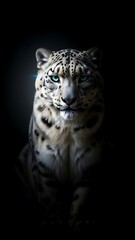 Obraz premium Snow leopard with piercing blue eyes in dark dramatic lighting big cat feline