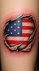 Realistic American flag tattoo ripped open on skin ripped skin patriotism